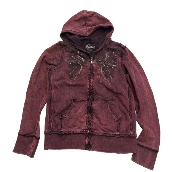Vintage Y2K Sinful Hoodie Xl Women's Maroon Wings Feathers Gold Metallic - Picture 5 of 10